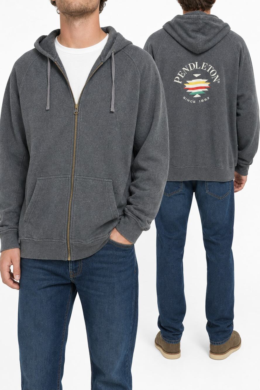 Pendleton Mens Gray Full Asymmetrical Zip Logo Hoodie Sweatshirt XXL 2XL